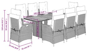 9 pcs conjunto de jantar p/ jardim c/ almofadões vime PE cinza