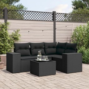5 pcs conjunto sofás de jardim com almofadões vime PE preto