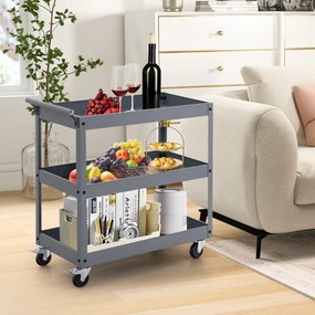 Carrinho utilitário de 3 níveis de alta capacidade metal 77,5 x 38 x 79 cm com 3 prateleiras e pega ergonómica Rodas para escritório Garagem Cinza