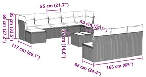 11 pcs conjunto sofás de jardim c/ almofadões vime PE cinzento