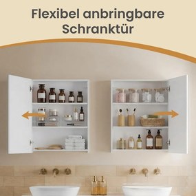 Armário casa banho suspenso com espelho 13 x 50 x 60 cm, armário de arrumação com prateleiras ajustáveis, moderno branco
