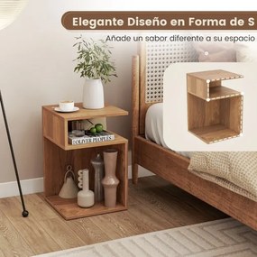 Mesa de cabeceira 33 x 33 x 50 cm em forma de S com 2 compartimentos abertos, castanho natural