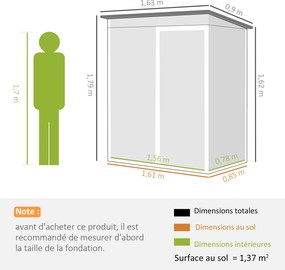 Abrigo de jardim em metal 163 x 90 x 179 cm para encostar, com 2 grelhas de ventilação e telhado inclinado com proteção UV, cinzento claro