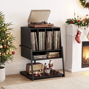 Móvel para gira-discos: estante para discos de vinil com pés ajustáveis 54 x 57 x 76,5 cm, em madeira preta, para a sala Preto