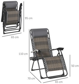 Outsunny Espreguiçadeira dobrável de vime com encosto ajustável Apoio de cabeça removível Suporte para copos e telefone Jardim Terraço 65x70x110 cm Cinza