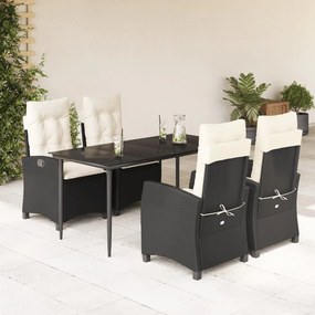 5 pcs conjunto de jantar p/ jardim c/ almofadões vime PE preto