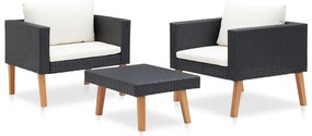 3 pcs conjunto lounge para jardim c/ almofadões vime PE preto