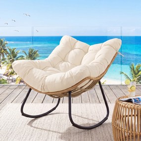 Cadeira de baloiço em forma de ovo para exterior, em rattan PE com almofada removível, estrutura metálica, oscilação de 25°, travões anti-capotamento,