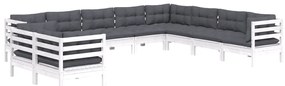 10 pcs conj. lounge de jardim c/ almofadões pinho maciço branco