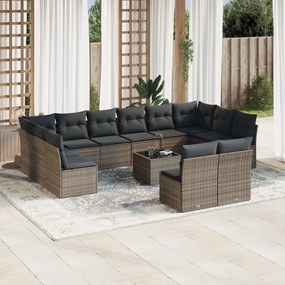 13 pcs conjunto sofás p/ jardim c/ almofadões vime PE cinzento