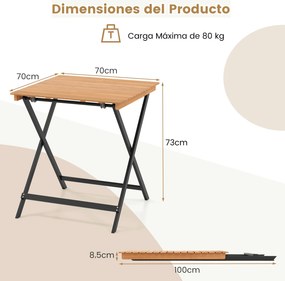 Mesa auxiliar jardim dobrável quadrada em madeira de acácia 70 x 70 x 73 cm com tampo de ripas e travessas reforçadas, portátil para pátio, terraço ou