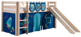Conjunto Cama alta de Criança PINO 90 x 200 cm + estrado + escada + escorrega + cortina + bolsas de arrumação Astronauta Natural