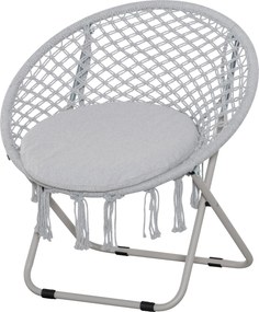 Poltrona redonda de jardim Loveuse, poltrona Papasan em forma de lua, dobrável, de grande conforto, em macramé de algodão e poliéster cinzento
