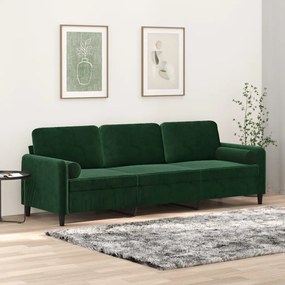 vidaXL Sofá 3 lug. c/ almofadas/almofadões 210 cm veludo verde-escuro