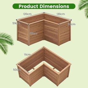 Floreira elevada de jardim 120 × 120 × 63 cm em forma de L em madeira de abeto com fundo aberto Pintura DIY Castanho