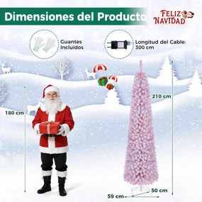 Árvore de Natal Artificial Tipo Lápis, 50 x 50 x 210 cm, Iluminação LED Integrada, Rosa
