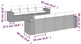 9 pcs conjunto de sofás p/ jardim com almofadões vime PE bege