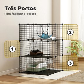 Gaiola Interior para Gatos de 3 Níveis em Aço com 3 Portas, 2 Escadas e Rede, 70x70x105 cm, Preto