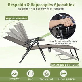 Conjunto de 2 espreguiçadeiras jardim dobráveis com encosto de 6 níveis Assento respirável Estrutura metálica em tecido 189 x 64 x 102 cm Castanho