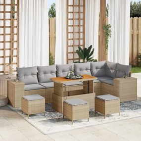 Conjunto de Sofá de Jardim de 10 Peças com Almofadas Bege Polyrattan Acácia