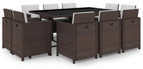 vidaXL 11 pcs conjunto jantar exterior com almofadões vime PE castanho