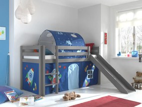 Conjunto Cama alta de Criança PINO 90 x 200 cm + estrado + escada + escorrega + tunel + cortina Astronauta Cinzenta