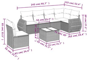 7 pcs conjunto de sofás jardim c/ almofadões vime PE castanho