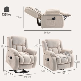 Poltrona Reclinável Elétrica Elevatória com Massagem Vibratória, Calor, Assento Largo, USB e Bolsos, Bege