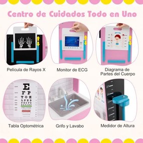 Consultório médico em madeira para Crianças 85 x 25 x 80 cm com área de exame, filme de raios X, monitor de ECG e tabela optométrica rosa