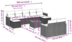 10 pcs conjunto sofás de jardim c/ almofadões vime PE cinzento