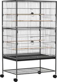 PawHut Gaiola para Pássaros Grande Cinza com Rodas 4 Portas 4 Comedouros Bandeja Amovível Prateleira de Armazenamento 78x52x132cm | Aosom Portugal