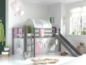 Conjunto Cama alta de Criança PINO 90 x 200 cm + estrado + escada + escorrega + tunel + cortina + bolsas de arrumação Passaros Cinzenta