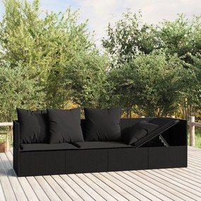 vidaXL Sofá lounge de exterior com almofadões vime PE preto