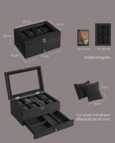 Caixa para relógios com 8 compartimentos e tampa de vidro 19 x 27 x 12,5 cm, na cor Preto