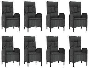 9 pcs conjunto de jantar p/ jardim c/ almofadões vime PE preto