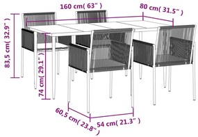 5 pcs conjunto jantar p/ jardim c/ almofadões vime PE/aço preto