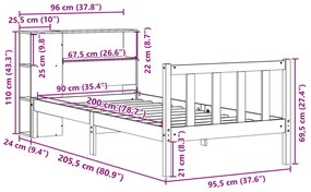 Cama com estante sem colchão 90x200 cm pinho maciço
