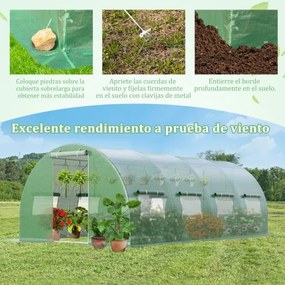 Estufa Túnel exterior com 10 janelas enroláveis 2 portas com fecho de correr Tenda de jardim à prova de vento 6 x 3 x 2 m Verde