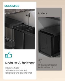 Caixote do lixo com dois compartimentos e sistema de separação de resíduos extraível 48,6 x 25,4 x 44 cm Preto