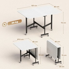 Mesa de Jantar Dobrável com Rodas, 120 x 80 x 73 cm (CADEIRAS NÃO INCLUIDAS), 2 Abas Rebatíveis, Branco