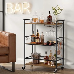 Carrinho de serviço com prateleira para vinhos e suporte para copos, aço, 64,5 x 32 x 85,5 cm Castanho rústico - Preto 
