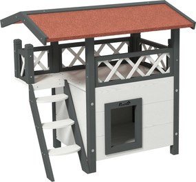 PawHut Casa para Gatos de Madeira 77x50x73cm Casa para Gatos com 2 Níveis com Teto Asfáltico Terraço Cercado Caverna e Escada Branco | Aosom Portugal