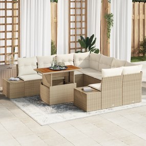 Conjunto de Sofá de Jardim de 9 Peças com Almofadas Bege Vime Sintétic