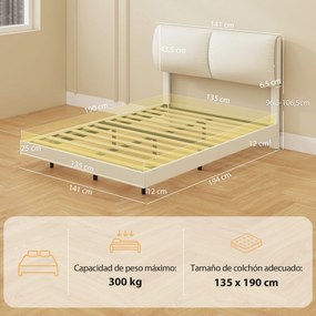 Cama de Casal 135x190 cm (COLCHÃO NÃO INCLUIDO)Estrado com Cabeceira Acolchoada Efeito Flutuante Estrutura Metálica Bege