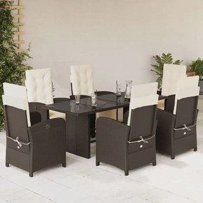 vidaXL 7 pcs conjunto jantar p/ jardim c/ almofadões vime PE castanho
