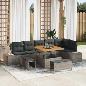 Conjunto de Sofás de Jardim vidaXL 9 Peças com Almofadas Cinza Rattan PE Acácia