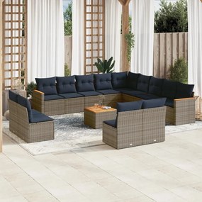 vidaXL 14 pcs conjunto sofás p/ jardim c/ almofadões vime PE cinzento