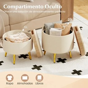 Conjunto de 2 pufes com arrumação, apoio para os pés redondo, estofados em couro sintético com tampos rebatíveis bege