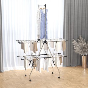 Estendal de roupa dobrável com rodas, ampla área de secagem, aço inoxidável, 138,5 x 63 x 208 cm, prateado e preto
