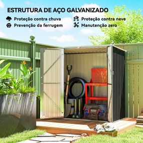 Abrigo de Jardim Exterior Metálico 1,37 m² 163x89x163 cm com Telhado Inclinado, Portas com Fecho e Luvas Cinzento